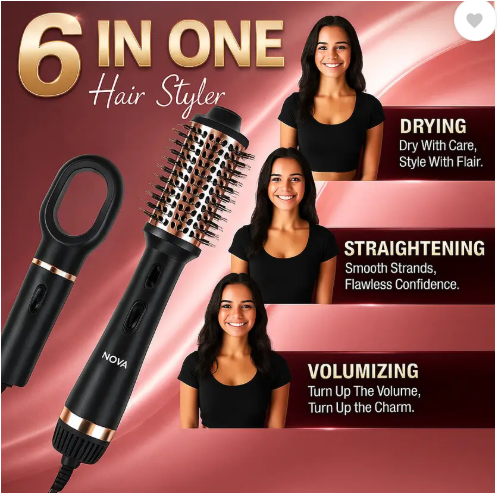 NOVA 6 in 1 Hot Air Brush for Women | One Step Dryer, Volumizer