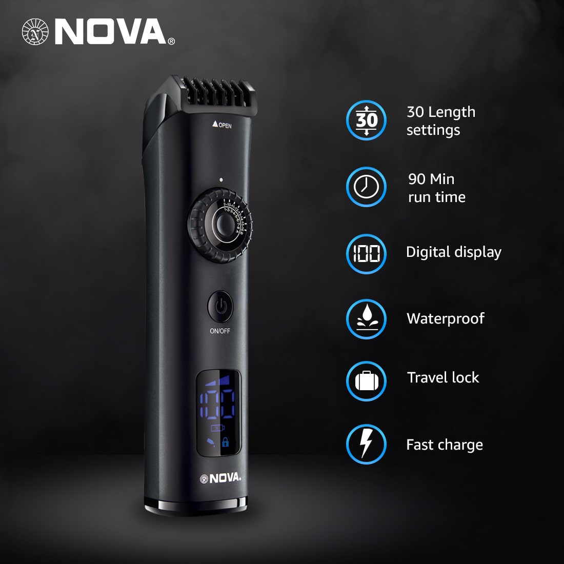 NOVA NHT 1057 Digital Waterproof Runtime: 90 min Trimmer for Men (Black) view 4